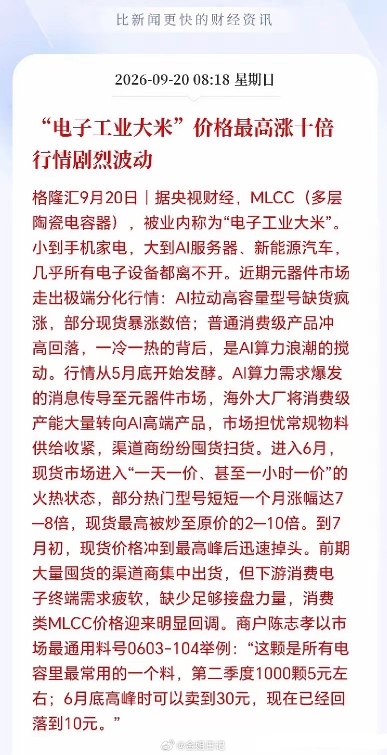MLCC价格狂飙10倍，一天一个价，甚至一个小时一个价，涨价可能持续到2027年