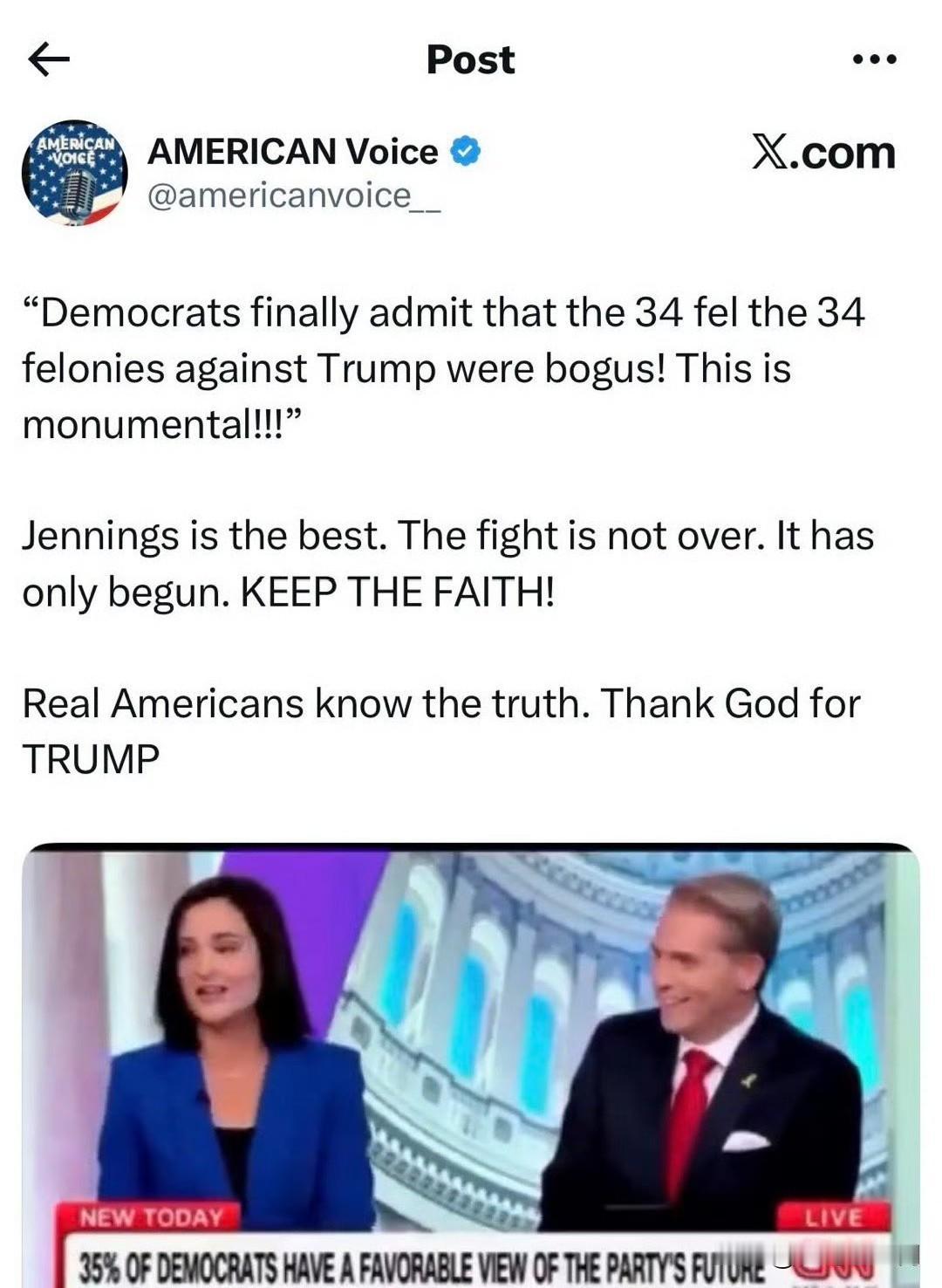 “民主党人终于承认，針对川普的34项重罪是假的！这是不朽的！！！”

Jenni