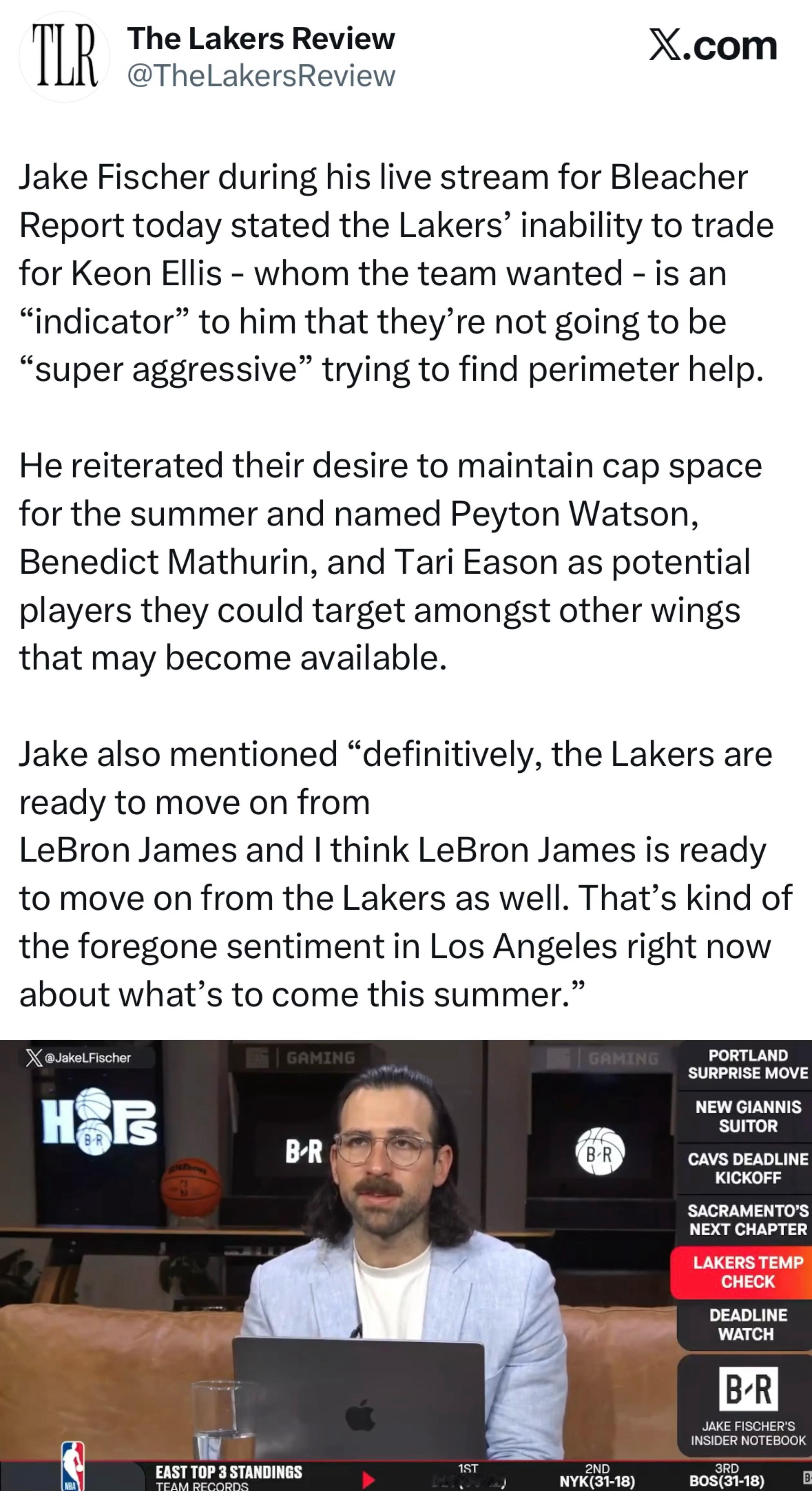 Jake Fischer：湖人未能交易得到心仪的埃利斯，足以表明，球队不会全力追