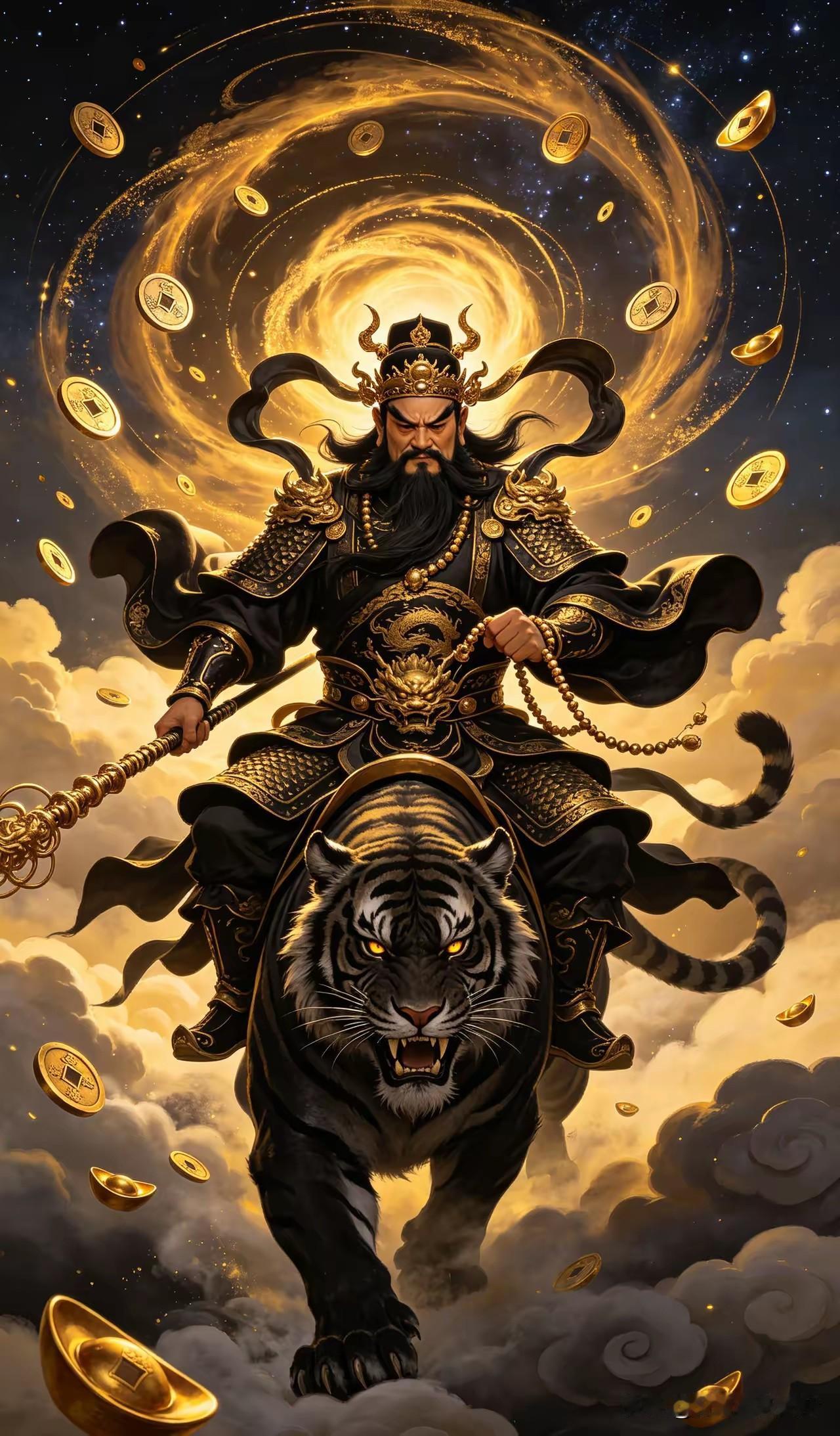 玄坛驾虎临尘界，
金币纷飞福运来。