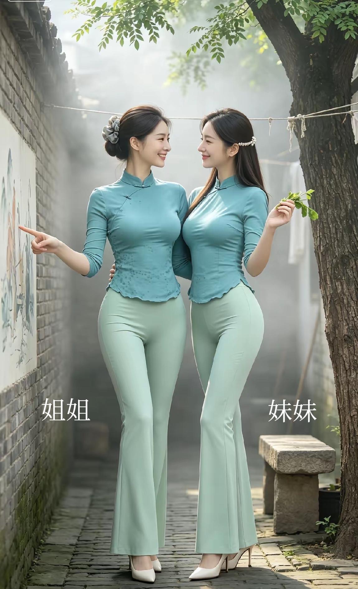 姐妹俩除了头型不一样，胖瘦差不多，穿搭一样，模样一样，身高一样，鞋子一样，彩礼一