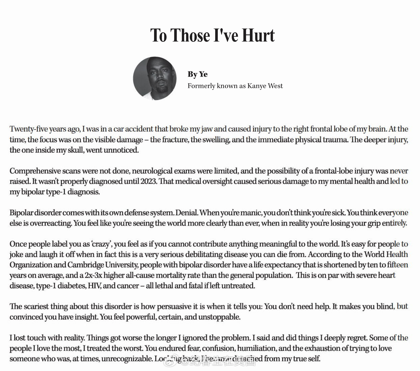 Kanye West就过往的反犹言论在WSJ上登报致歉：“致我曾伤害过的人”：致