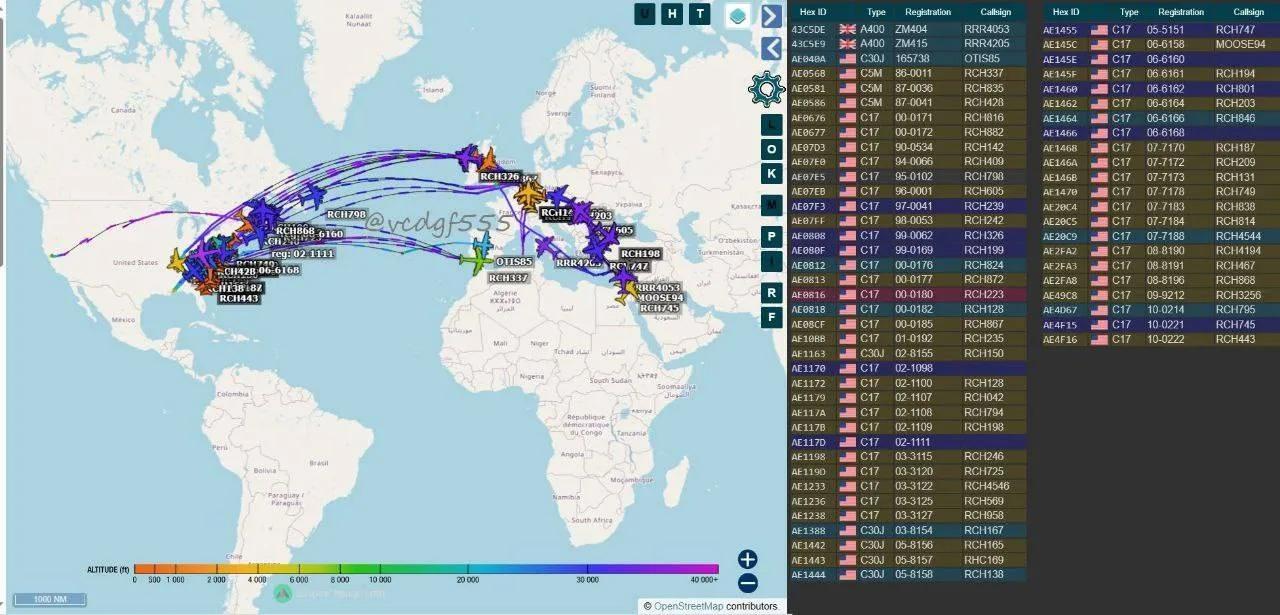 在过去的24小时内，49架美国C-17运输机降落在中东 Flightradar2