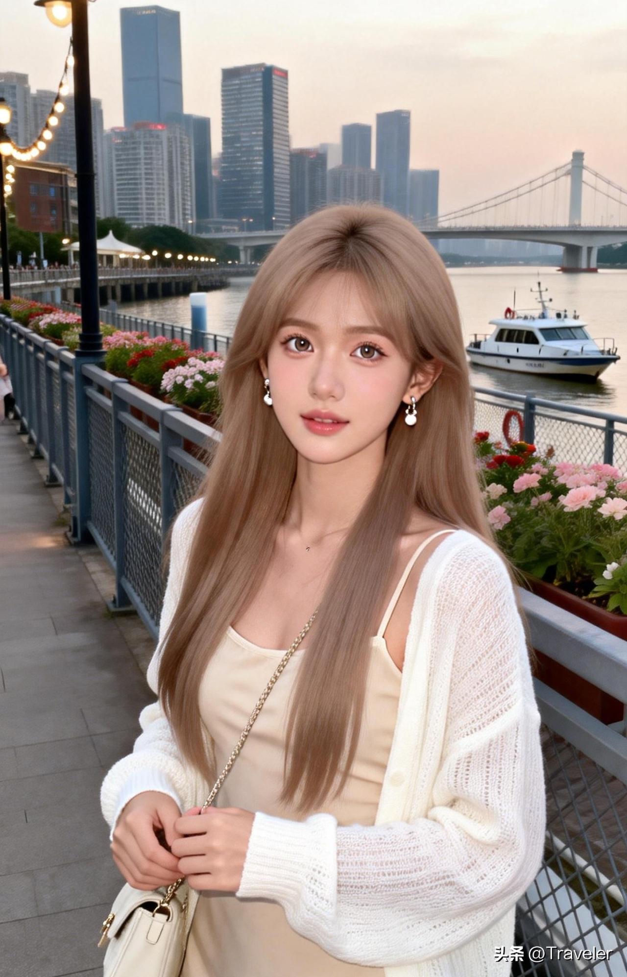 河畔美人倚，花影映秋波。