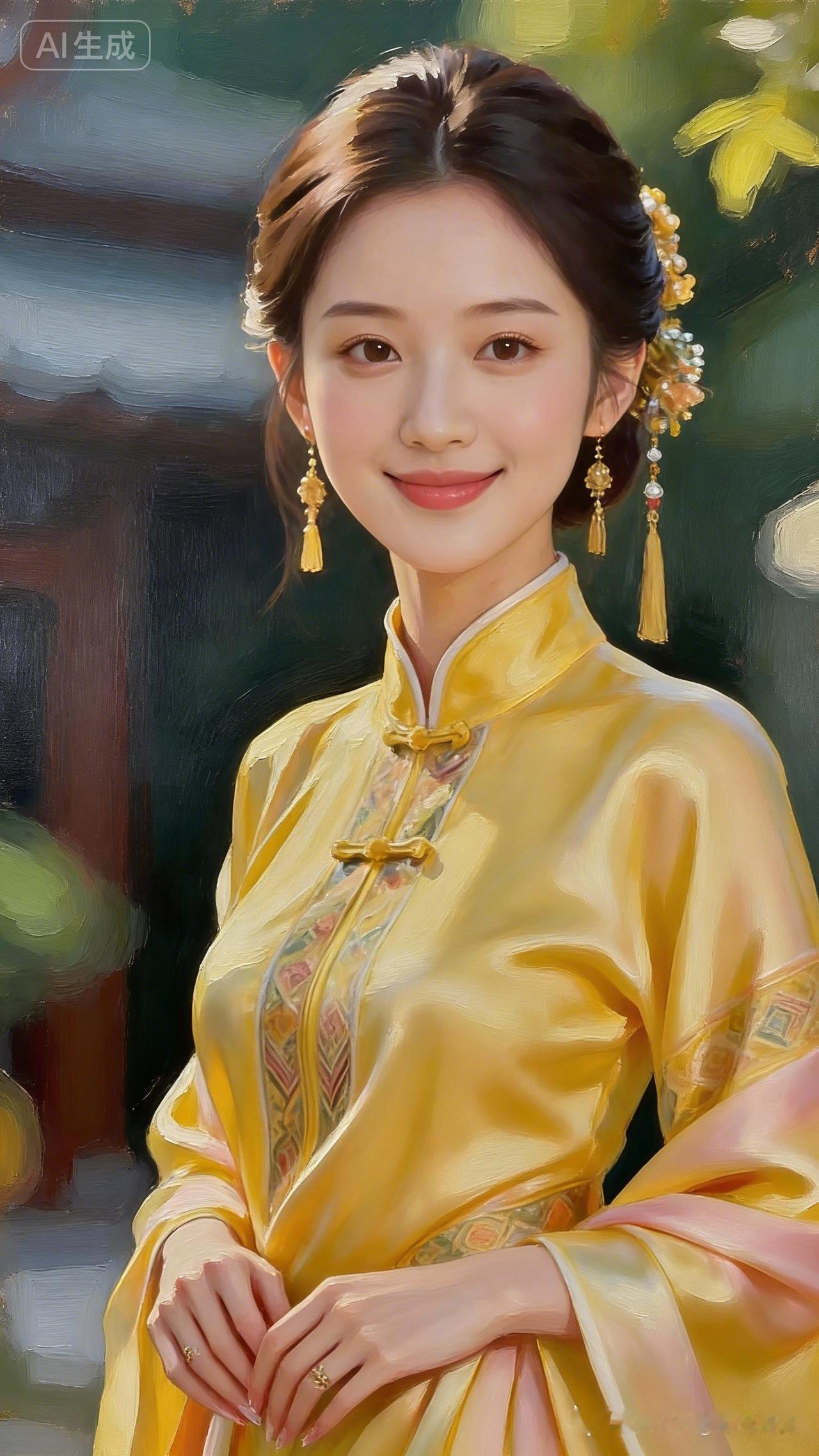 古典美人图鉴：一袭黄衣，笑靥如花！