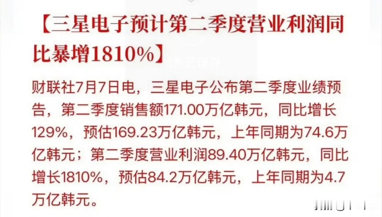 三星第二季度利润暴增1810%

一年赚的能顶过去几十年赚的，存储涨价真的赚麻了