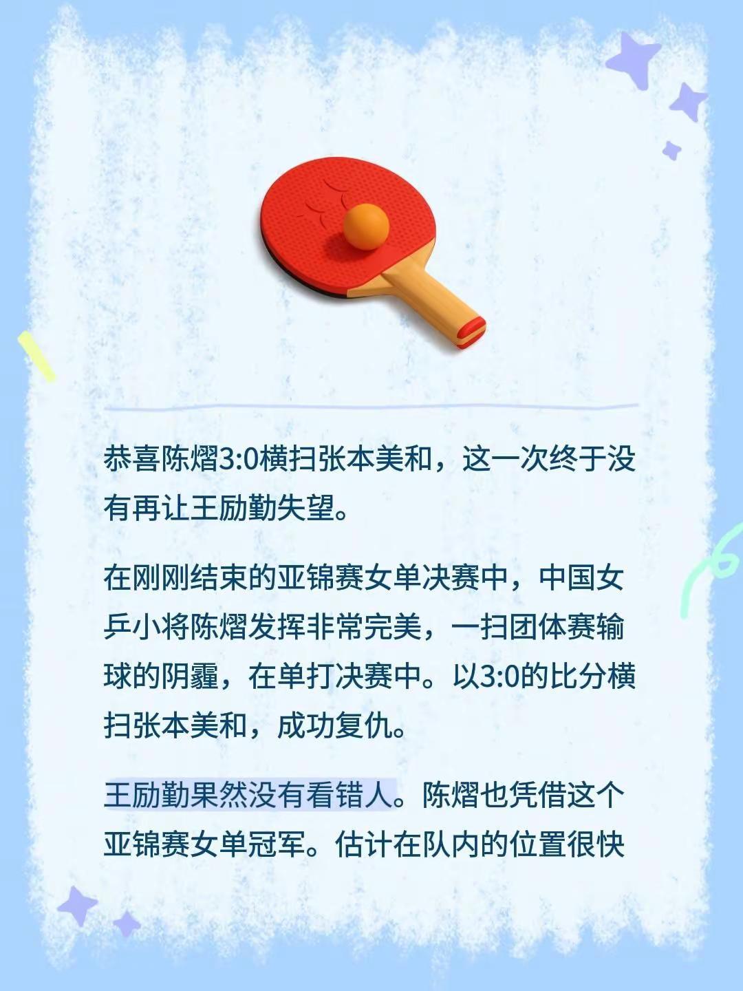 恭喜陈熠3:0横扫张本美和，这一次终于没有再让王励勤失望。在刚刚结束的亚锦赛女单