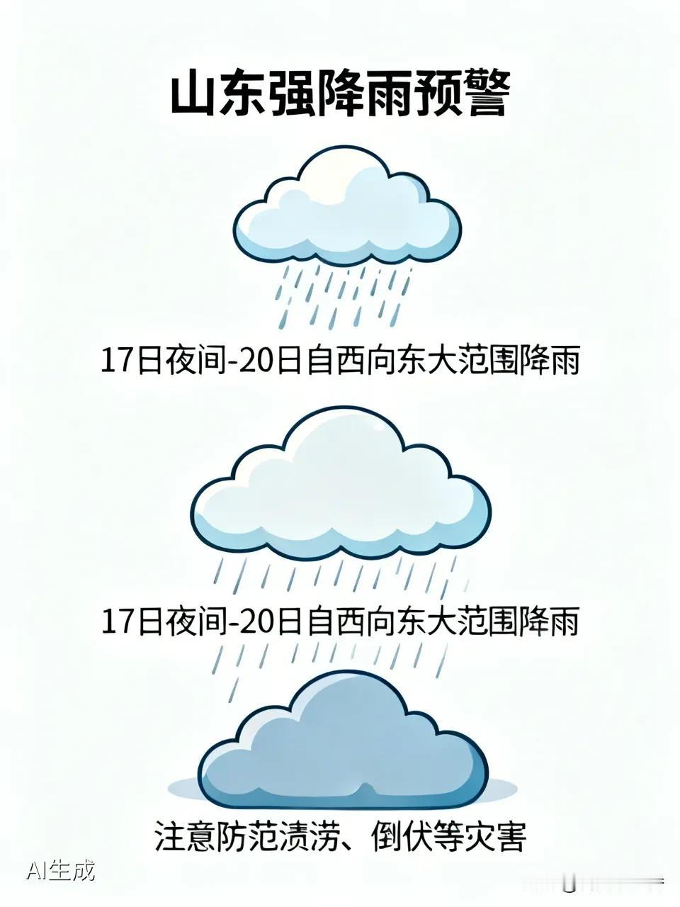 据山东最新天气预报，17日夜间至20日，山东自西向东将迎来一次大范围强降雨过程，