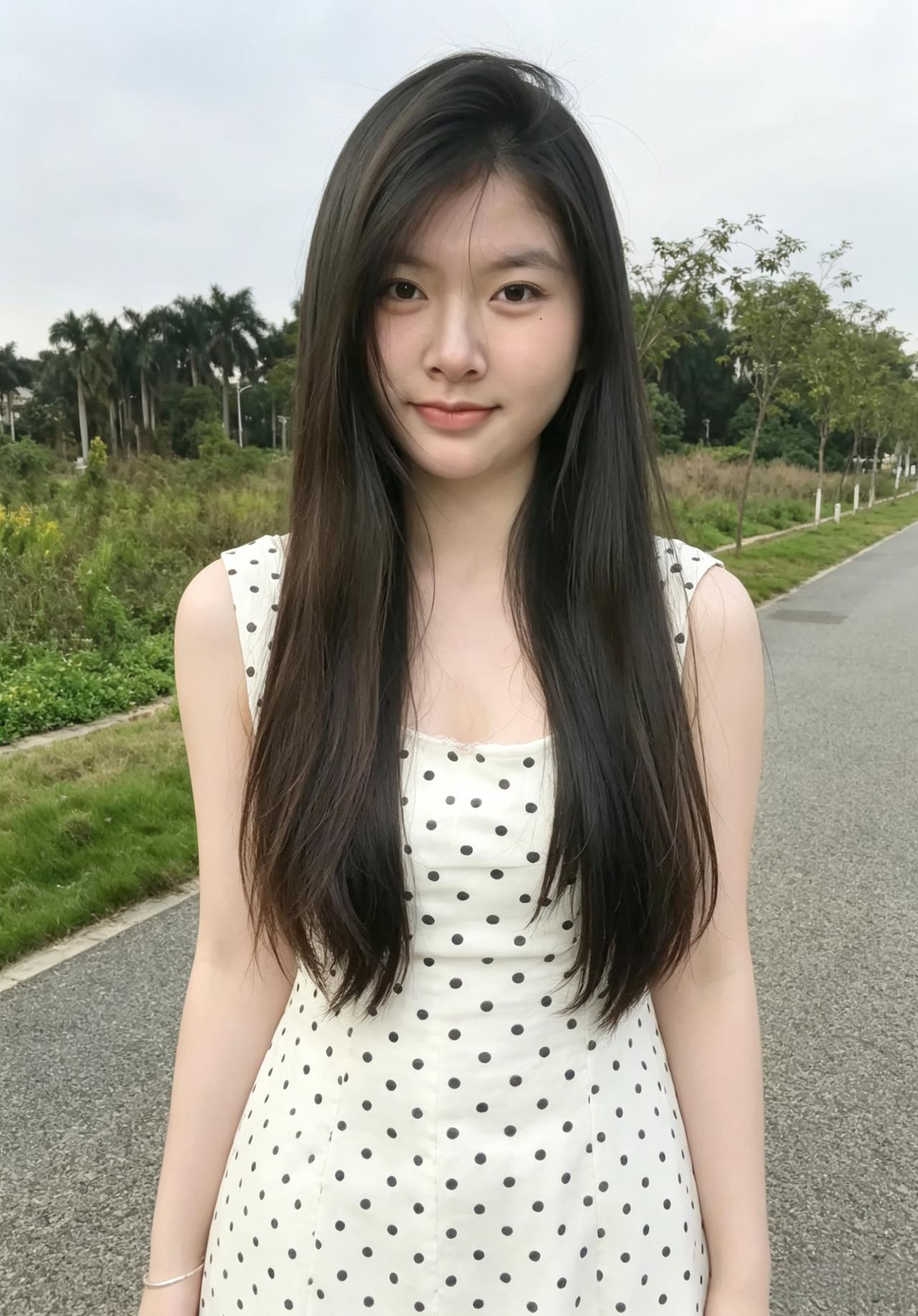 路边的风拂过发梢
波点白裙轻轻晃
你站在草木之间
眉眼干净得像
未被沾染的云朵