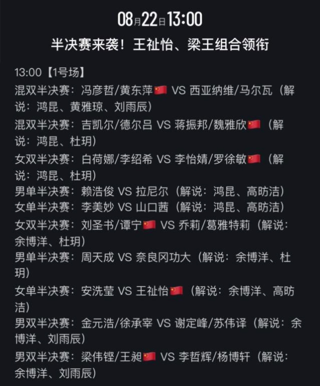 今天咪咕的解说阵容，有黄雅琼、刘雨辰、杜玥、高昉洁，真的很豪华！中国羽毛球队20