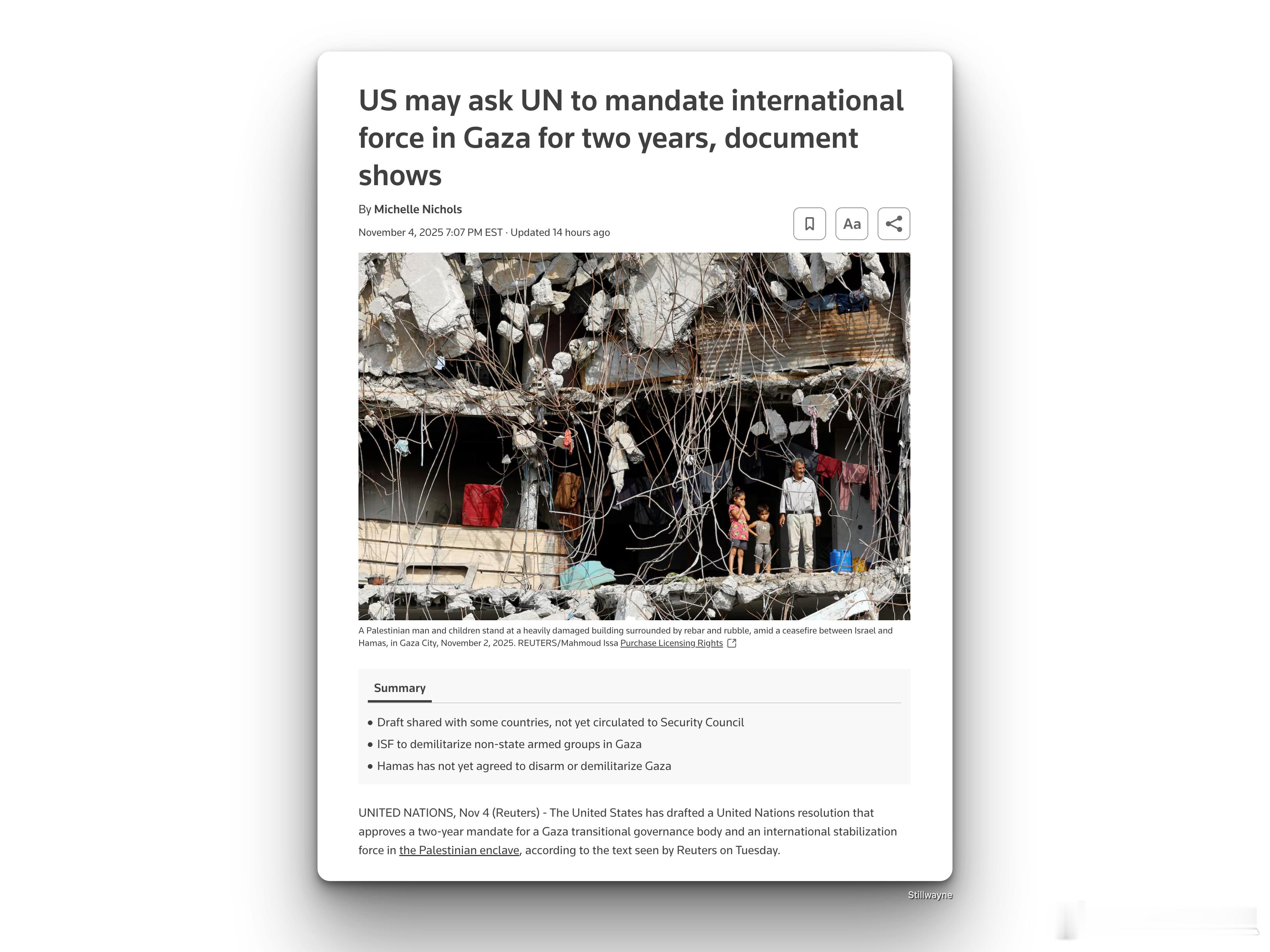 文件显示，美国可能要求联合国授权在加沙部署国际部队，为期两年。媒体周二看到的文本