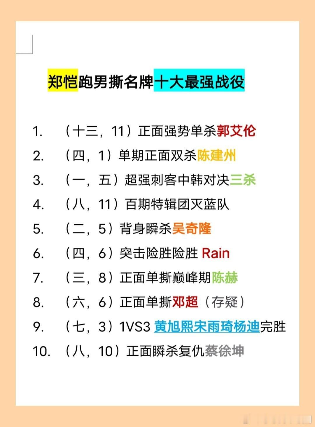奔跑吧郑恺跑男撕名牌十大最强战绩郑恺主要优势不在正面战力所以跟李晨那种随便一想一