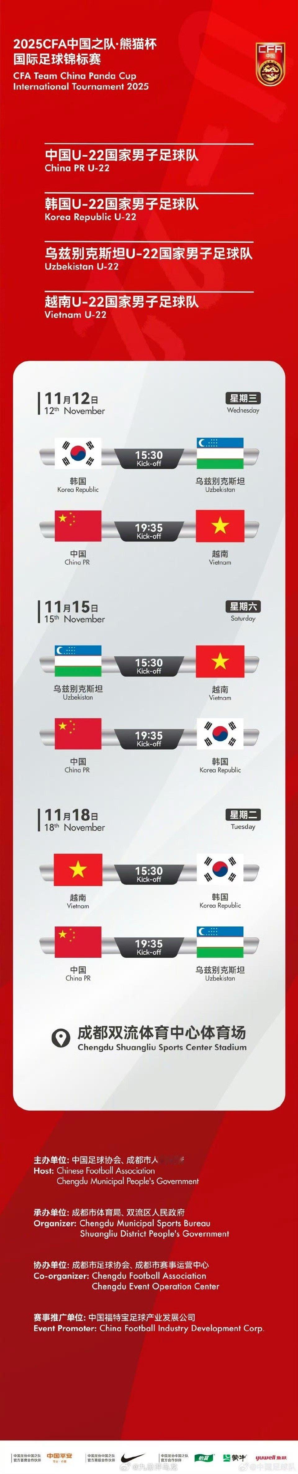 2025熊猫杯赛程出炉 2025CFA中国之队·熊猫杯国际足球锦标赛赛程出炉。中