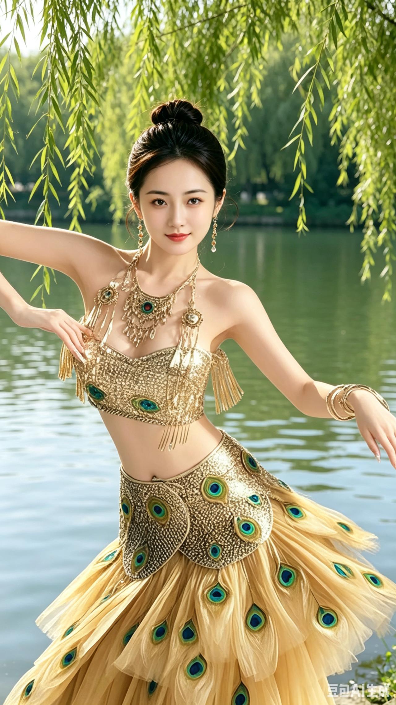 金羽裁成孔雀衣，柳风拂岸映清池。
明眸一笑春波软，舞落芳辰满鬓丝。