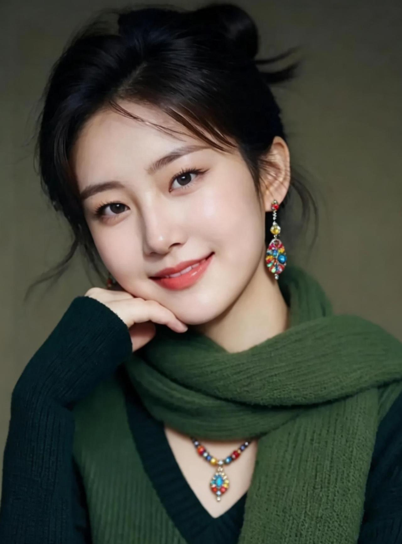 优雅绿调，甜美笑容，时尚耳环，清新自然