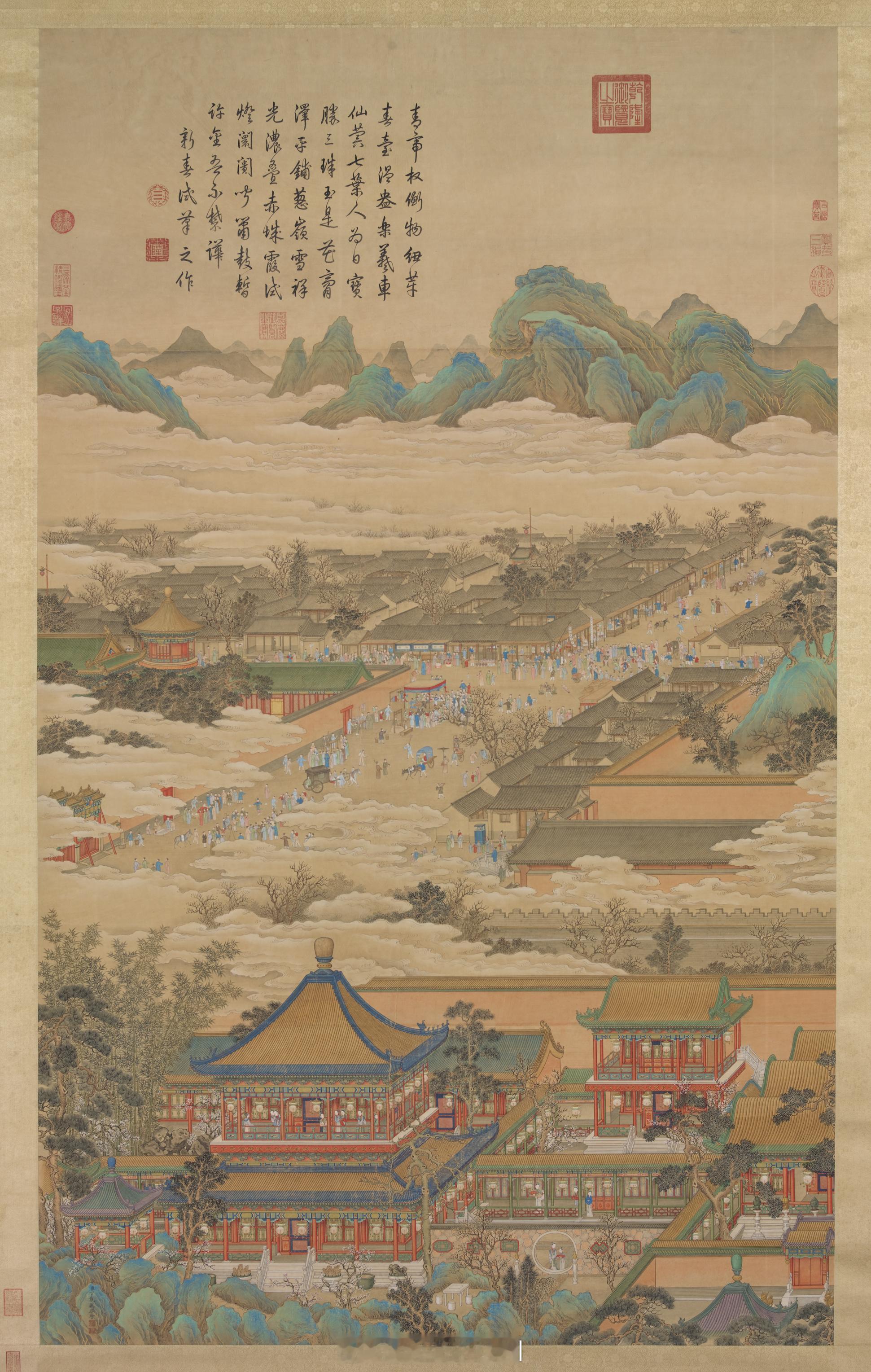 清 丁观鹏 太簇始和　轴原属十二禁御景图轴之一。所谓的十二禁御景图轴，根据活计清