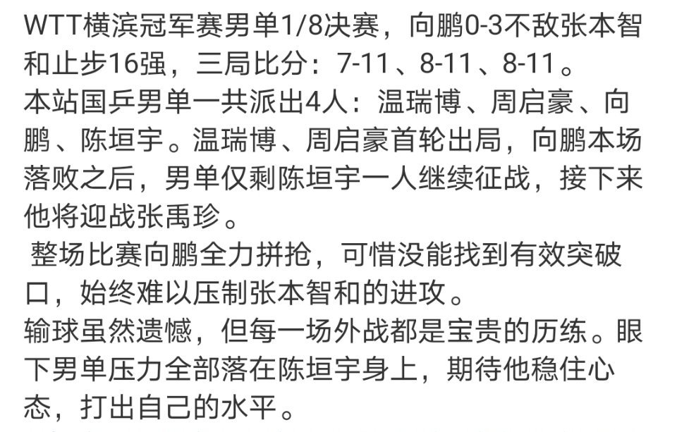 向鹏0比3张本智和看了下国乒出战的四人，一个也不认识，名字都没听说过就感觉结果不
