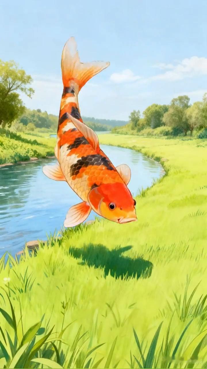 在这片充满生机的河边，一条神奇的锦鲤即将跃出水面。它张开嘴巴，吐出了一堆闪闪发光