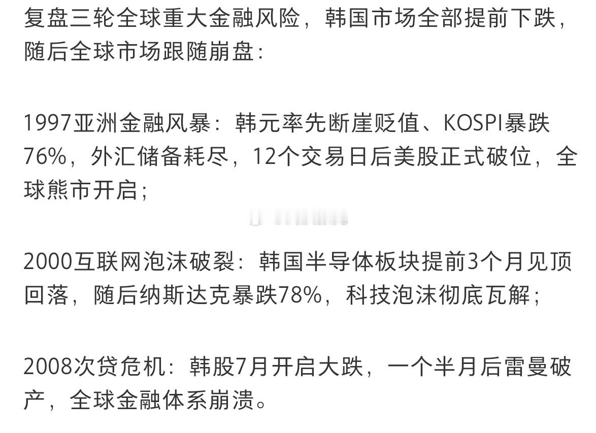 问：韩国股市崩盘，这次会复刻历史走势吗？答：应该不会，这次是韩国本土杠杠出问题，