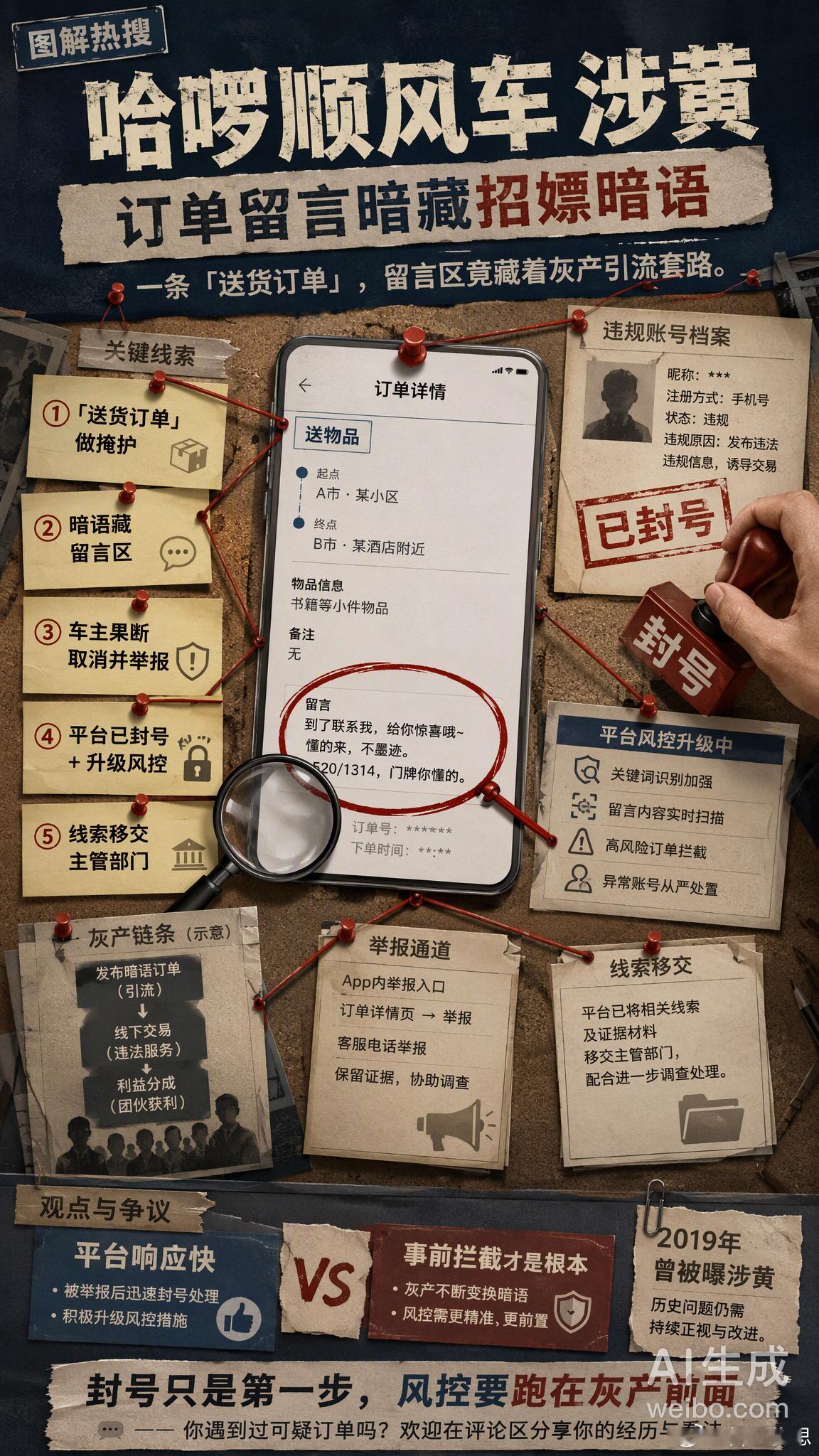 哈啰顺风车涉黄 一条看似普通的「送货订单」，留言区却藏着招嫖引流暗语——哈啰顺风