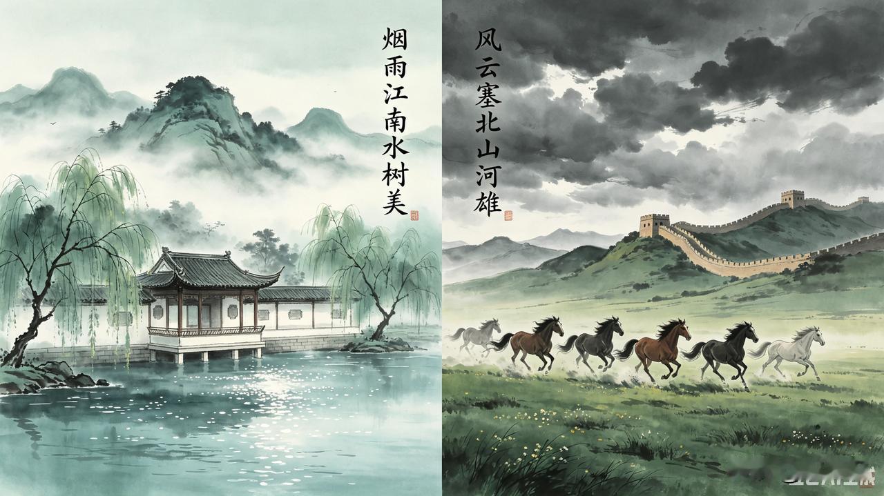 上联：烟雨江南水树美
下联：风云塞北山河雄