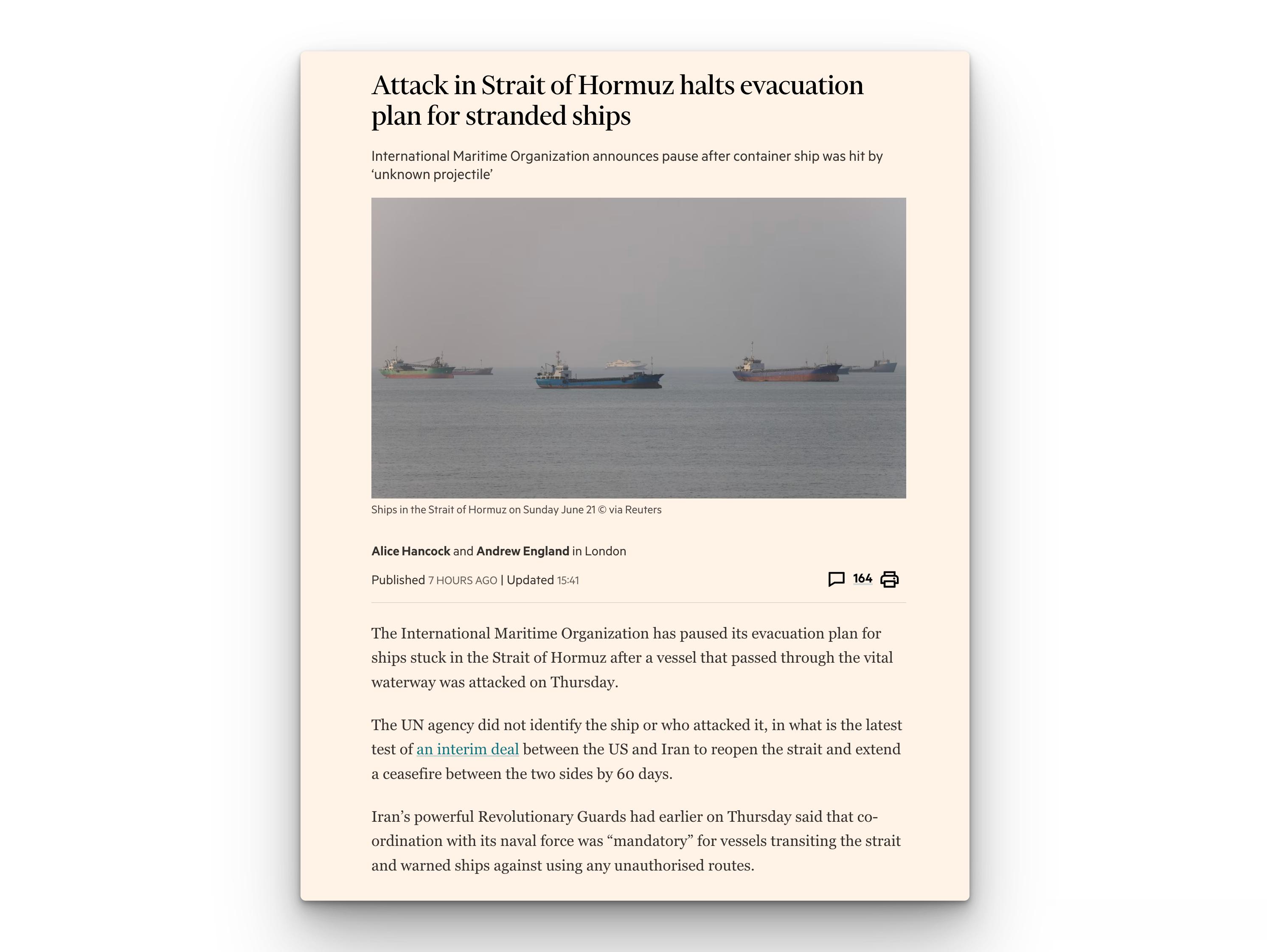 国际海事组织（IMO）暂停了霍尔木兹海峡被困船只撤离计划，原因是一艘经过该水域的