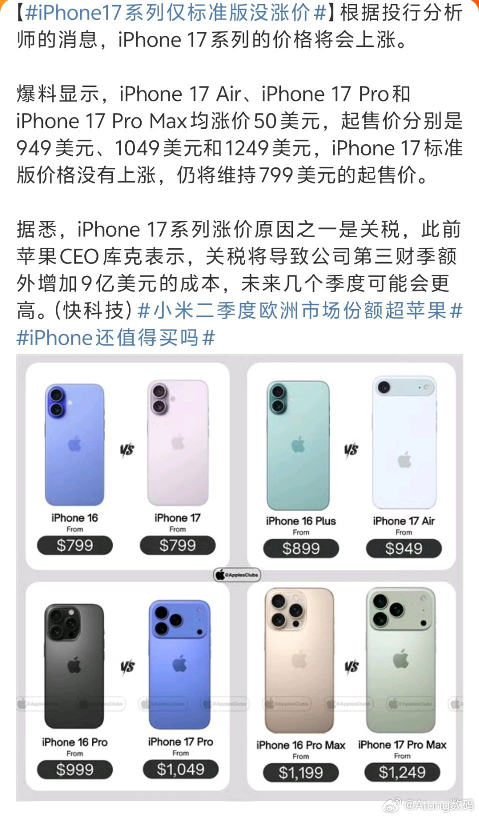 iPhone17系列仅标准版没涨价果然这成本还是落到了消费者头上想买17系列的愿