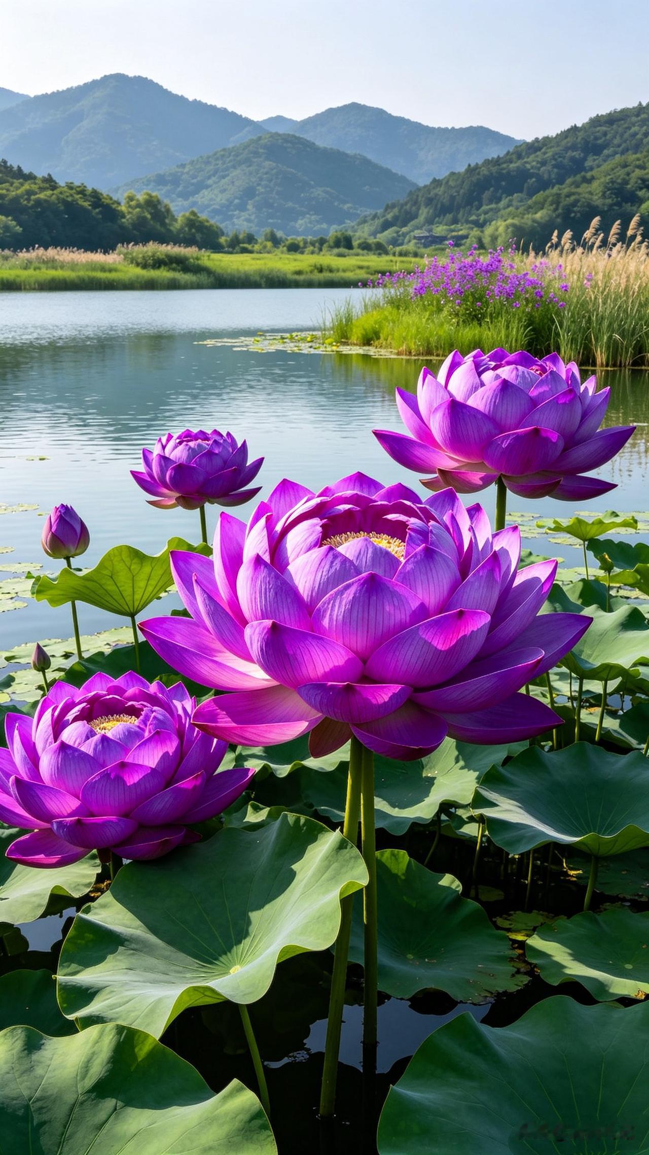 紫莲出水，山色空蒙，恰是人间好时节，紫衣仙子临水照，独留清雅在人间，远山，湖光，