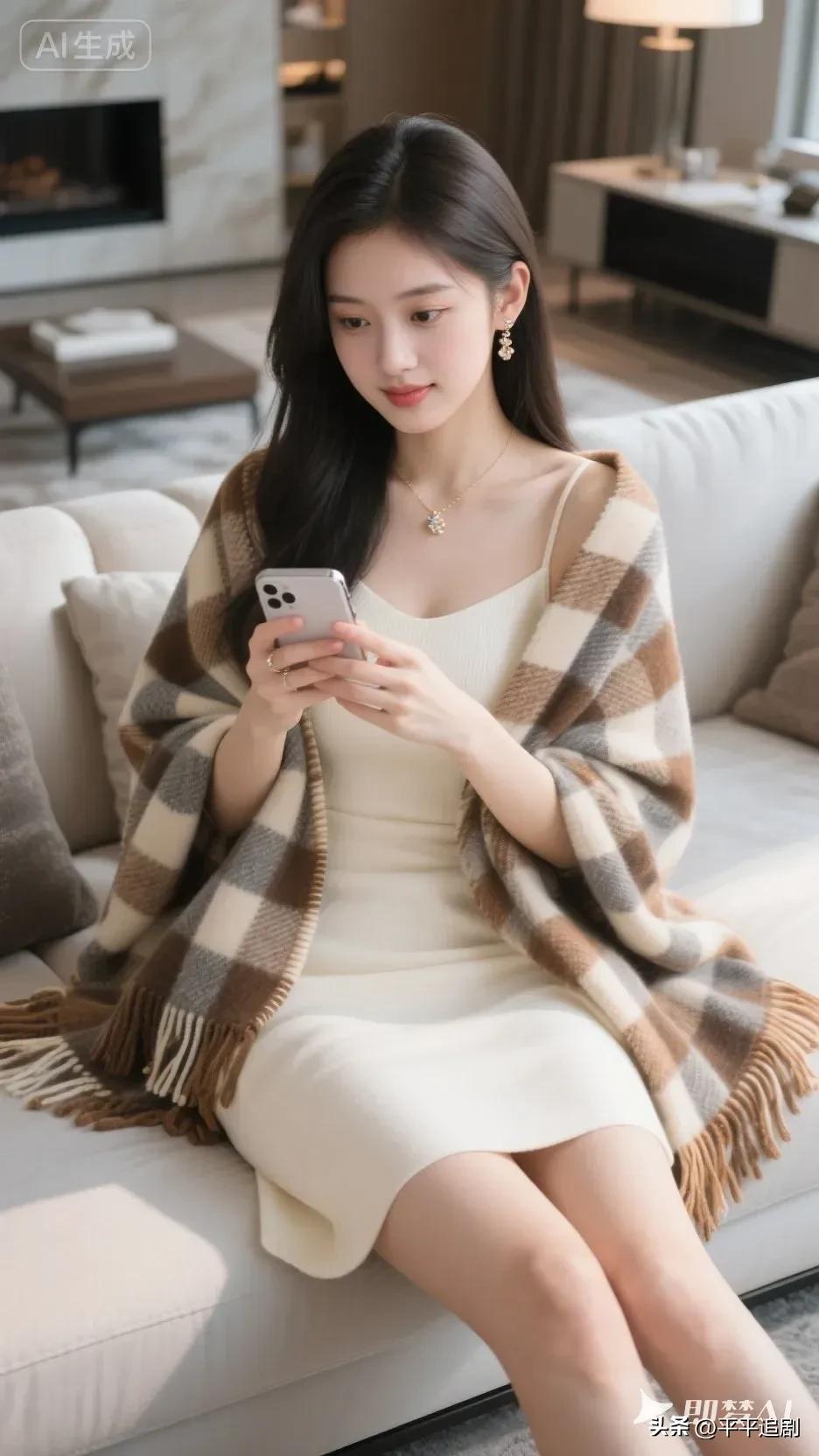 暖融融的格纹披肩裹着松弛的温柔，米白针织裙衬出慵懒气质，阳光漫过沙发，连低头看手