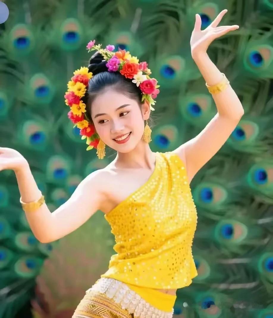 傣族少女舞蹁跹，
黄蕊娇妆映娇妍。
孔雀开屏成背景，
婀娜多姿若天仙。