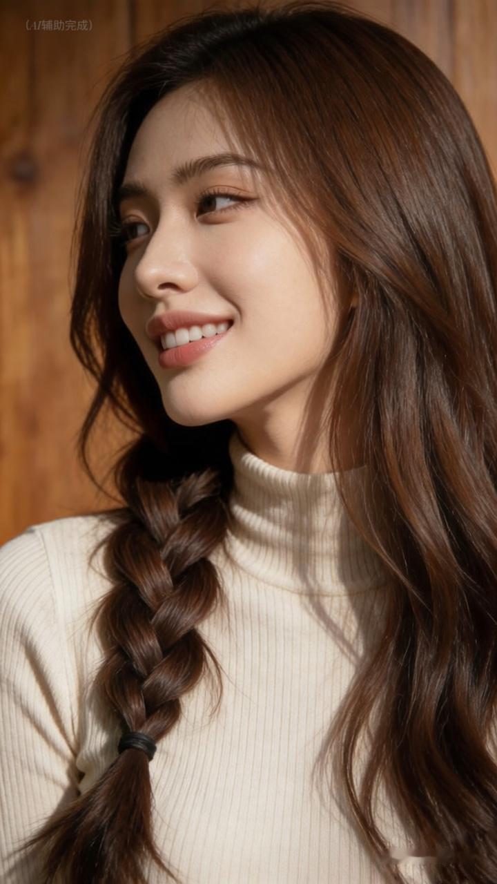 九帧皆藏温婉韵。米白高领衫裹身，深棕乌黑长发或披或编，侧影回眸轻触领，麻花辫垂肩