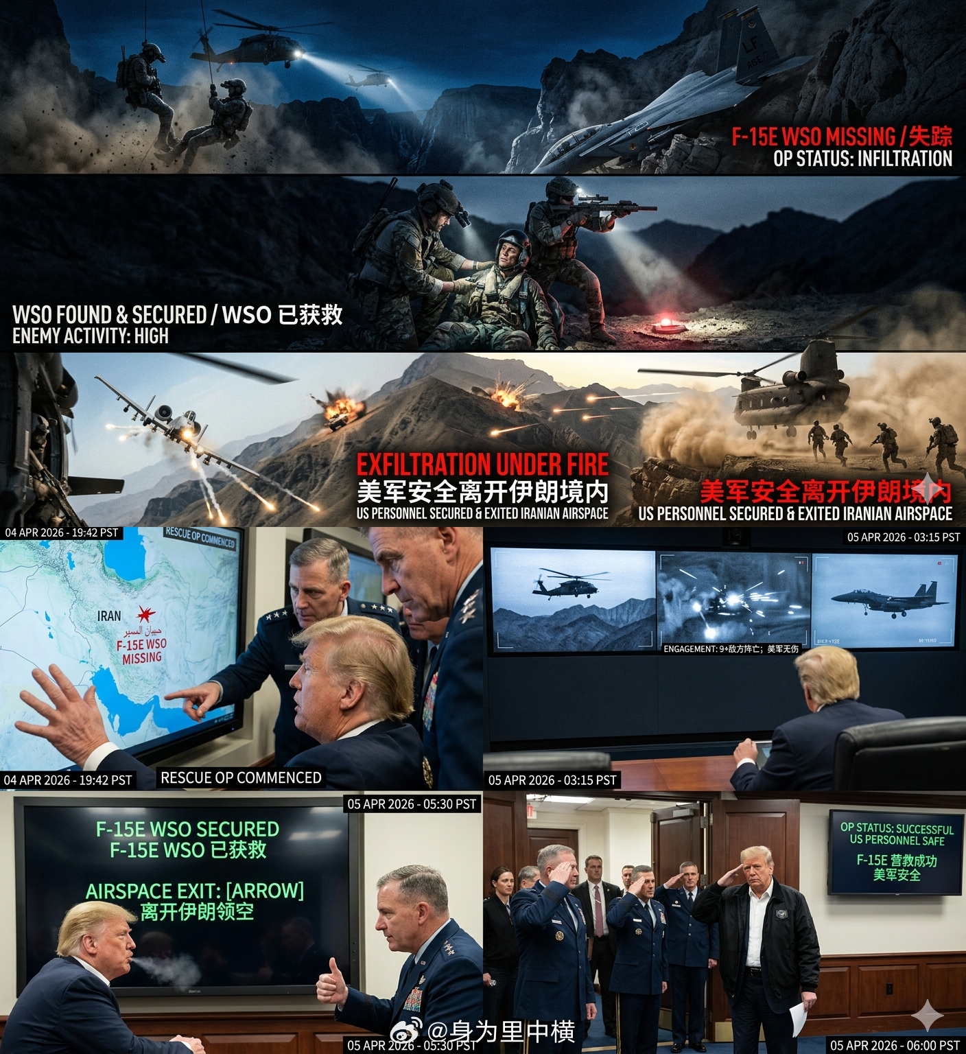 据说从昨天营救F-15e武器系统操作员行动开始至营救成功，特朗普都在和军方高层在