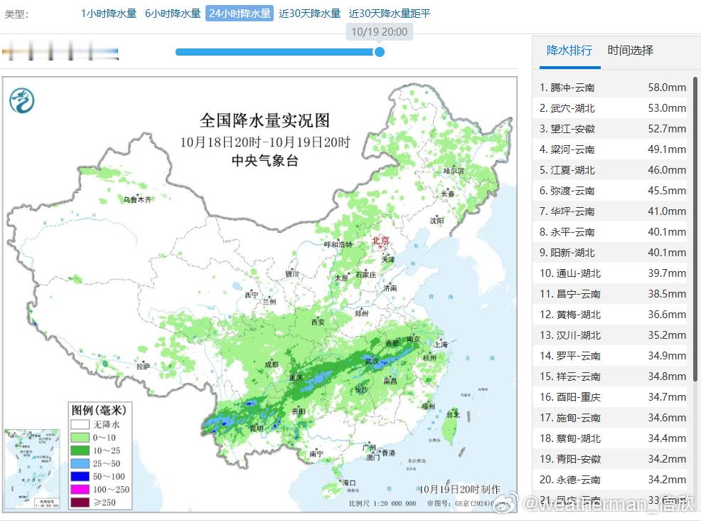 【降水】昨晚到今天，降水主要出现在西南地区东部到江南、江淮一带。云南腾冲58毫米