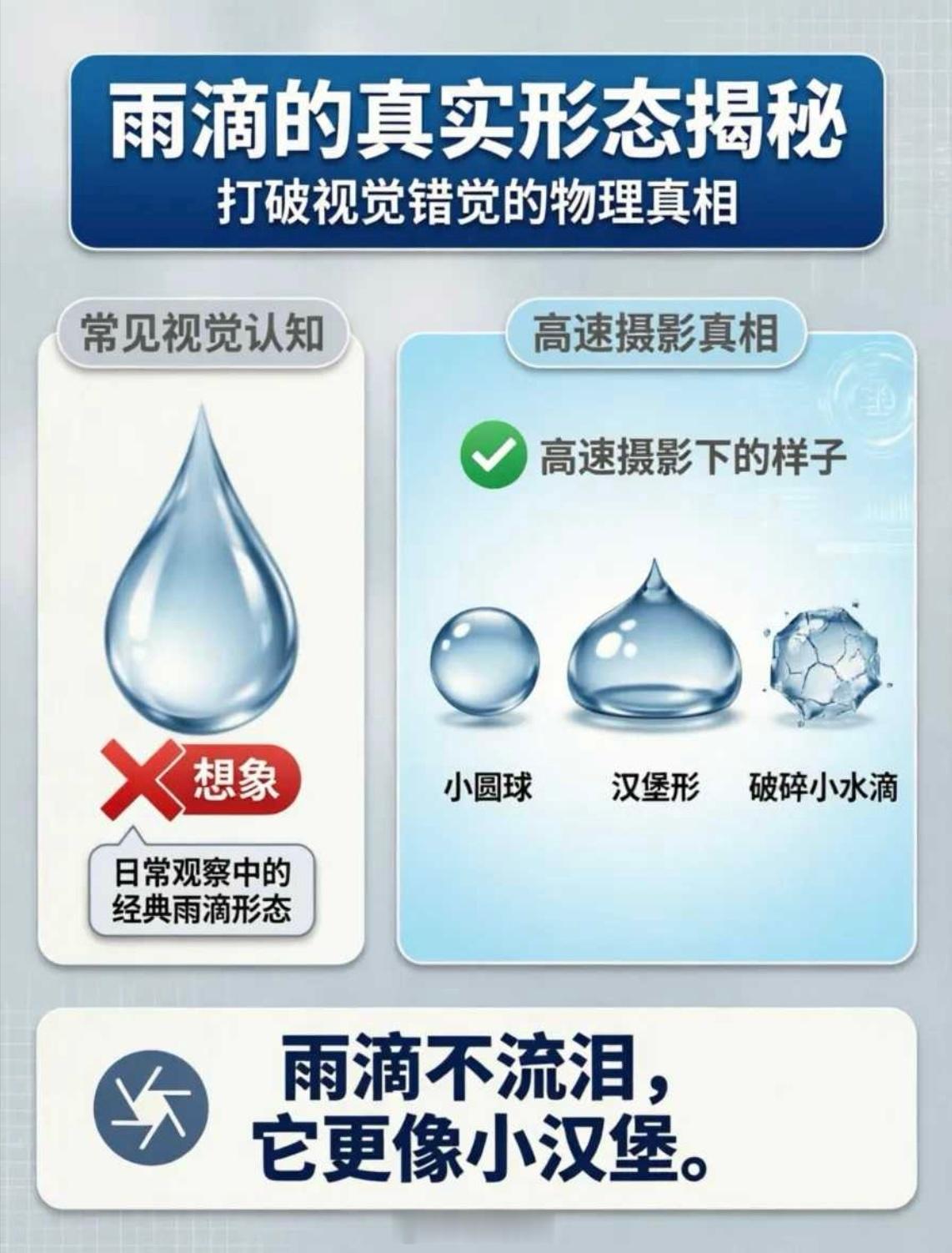 我们画雨滴总画成上尖下圆的水滴形，但高速摄影拍到的是：小雨滴近似球形；稍大一点，