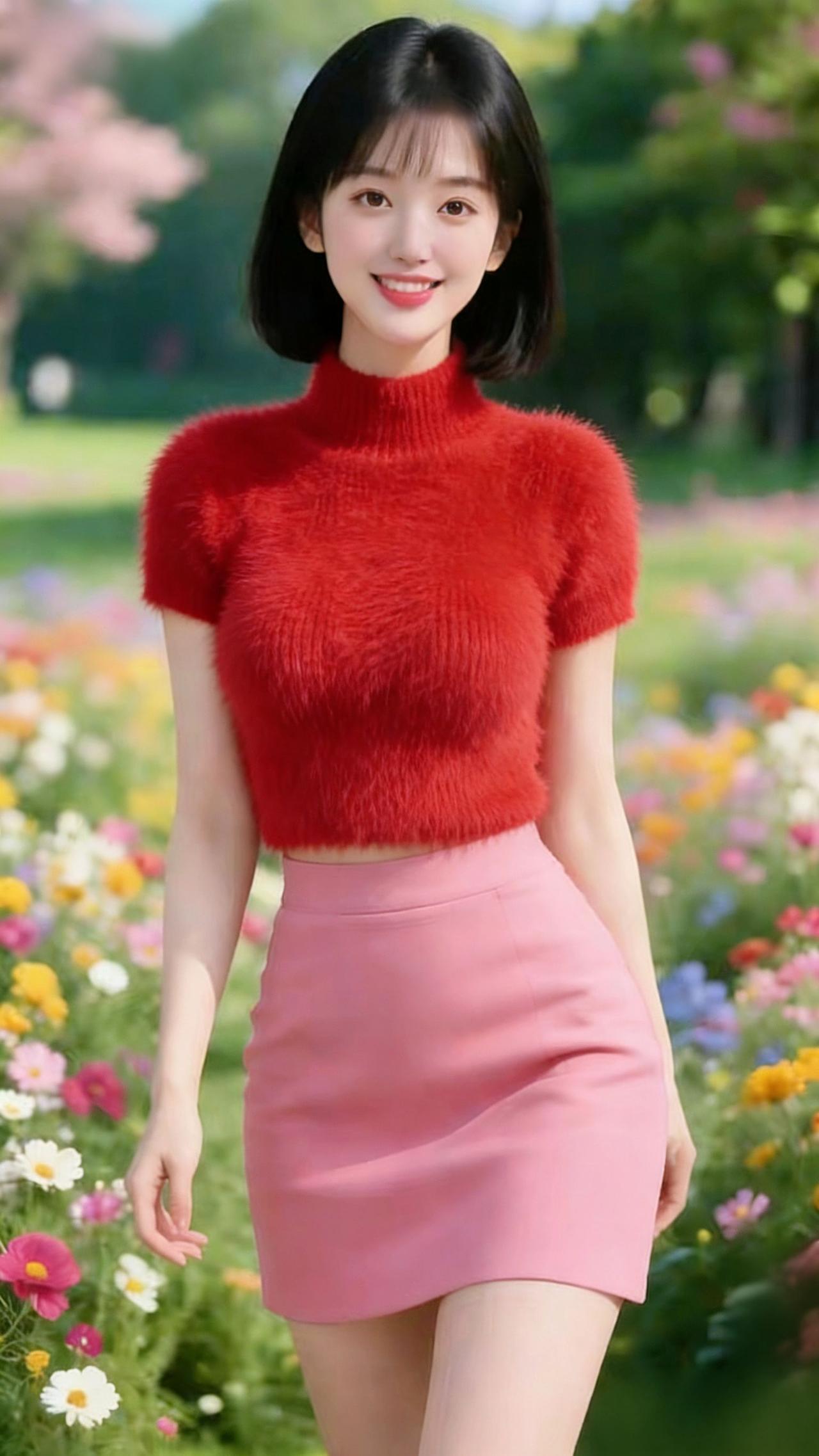 《春野里的亮色》
 
风裹着花的清甜漫过来时，她正立在春野的花簇间。
 
红绒衫