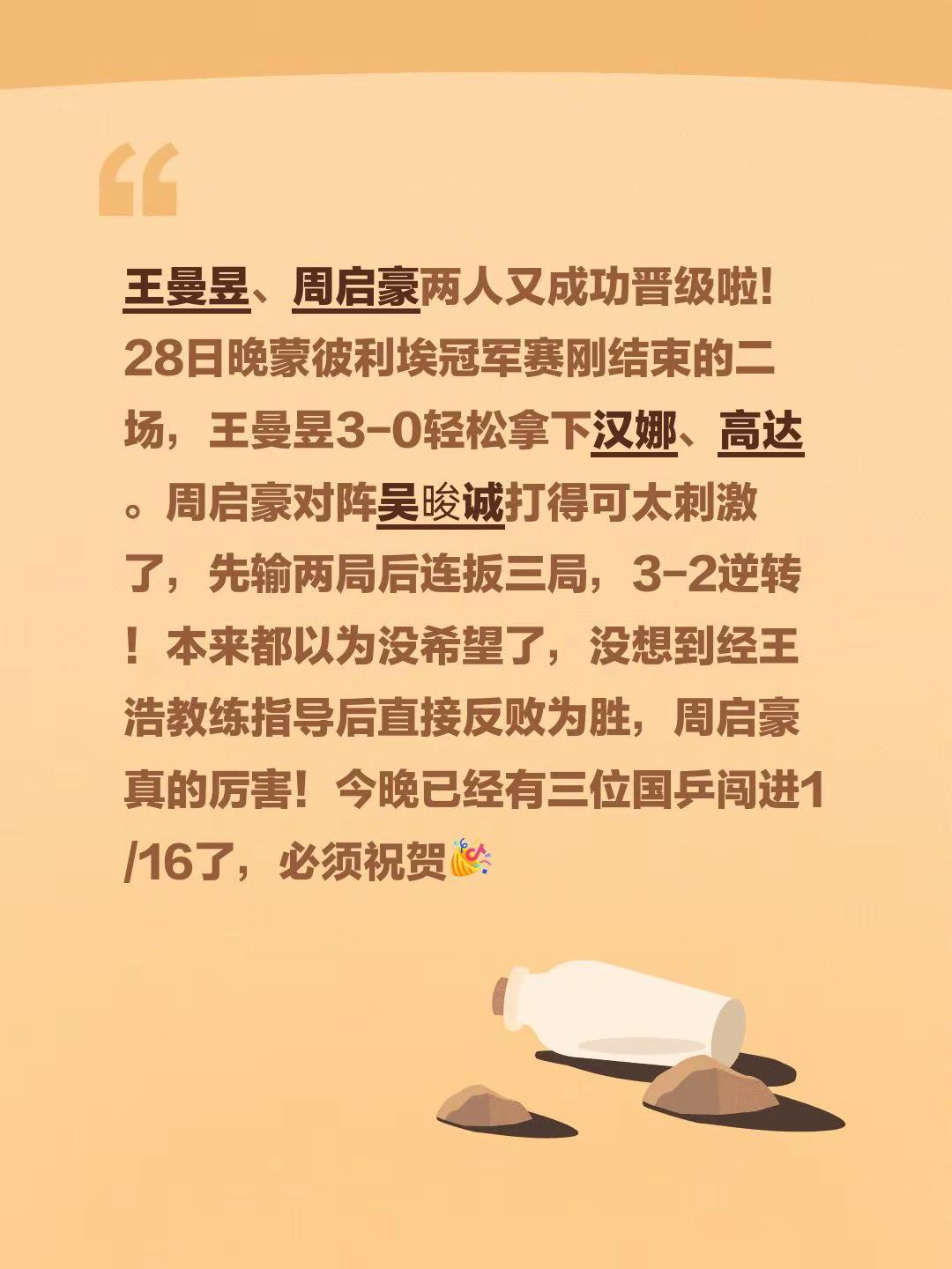 王曼昱、周启豪两人又成功晋级啦！28日晚蒙彼利埃冠军赛刚结束的二场，王曼昱3-0