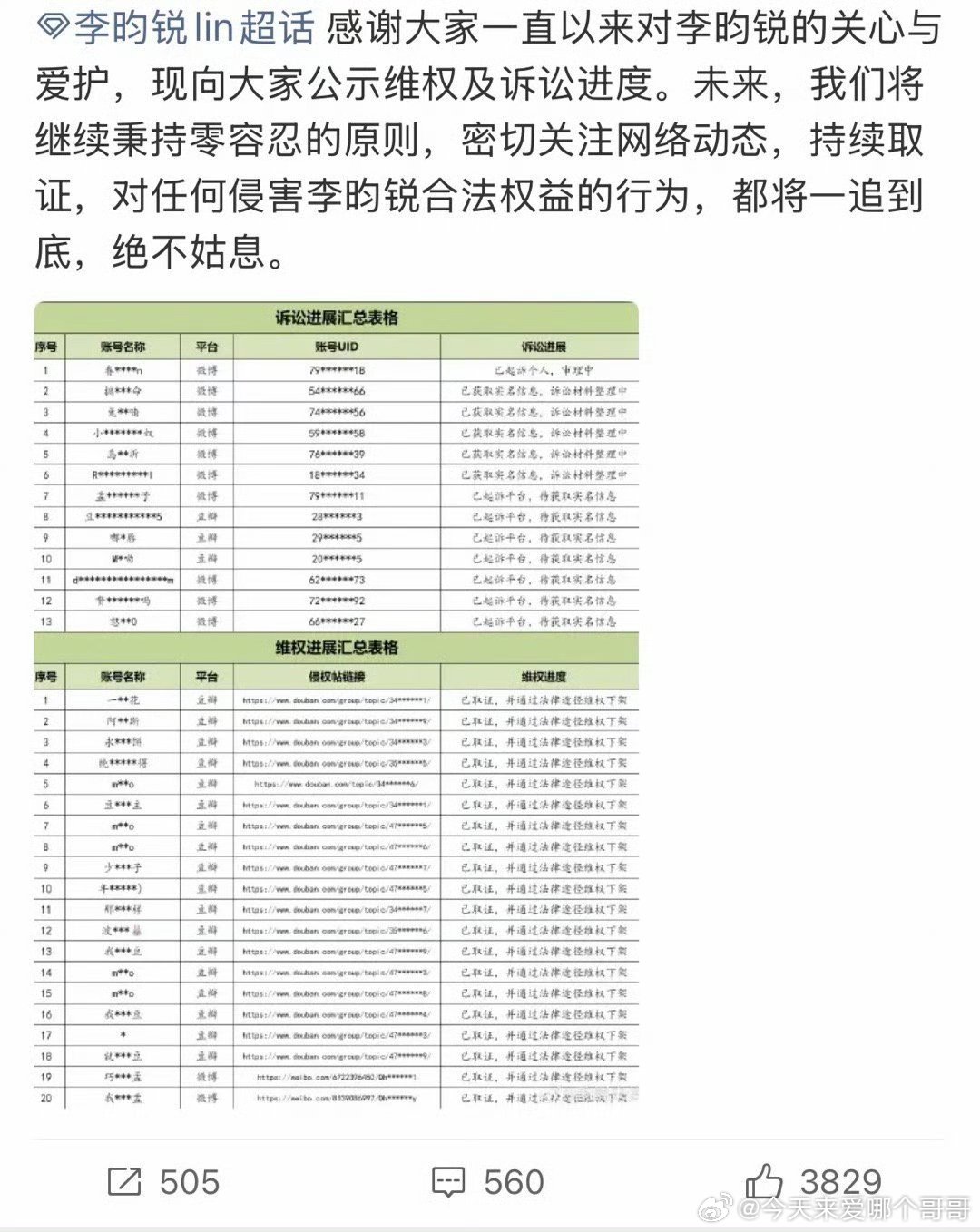 李昀锐方发布全平台告黑声明，网络不是法外之地，支持帅哥维权 