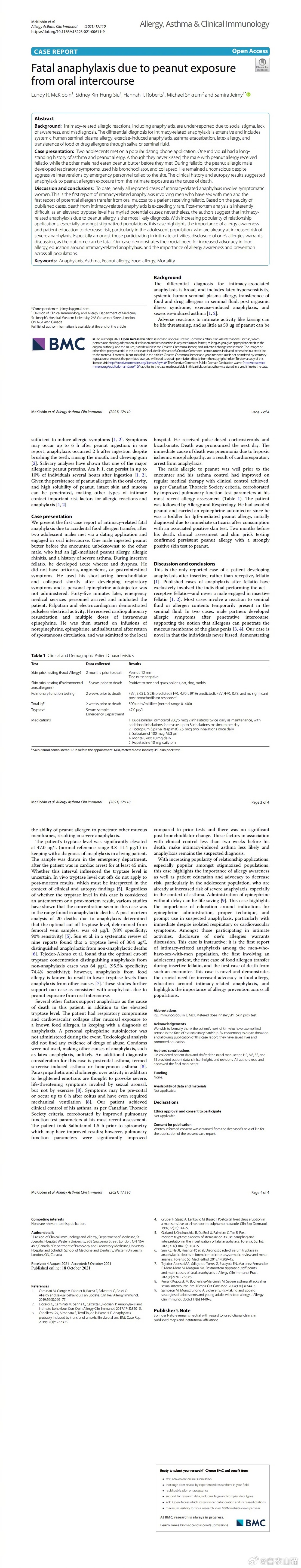 在2021年的《Allergy Asthma Clin Immunol 》（过敏