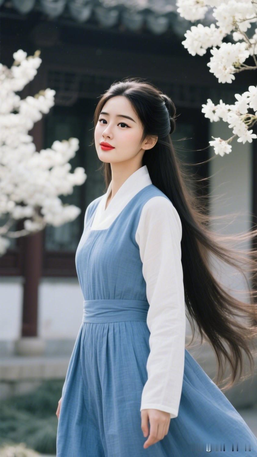 春风拂面来，花影入梦回。美景随拍。 古典美人漫步花间，白衣蓝裙，韵味悠长。