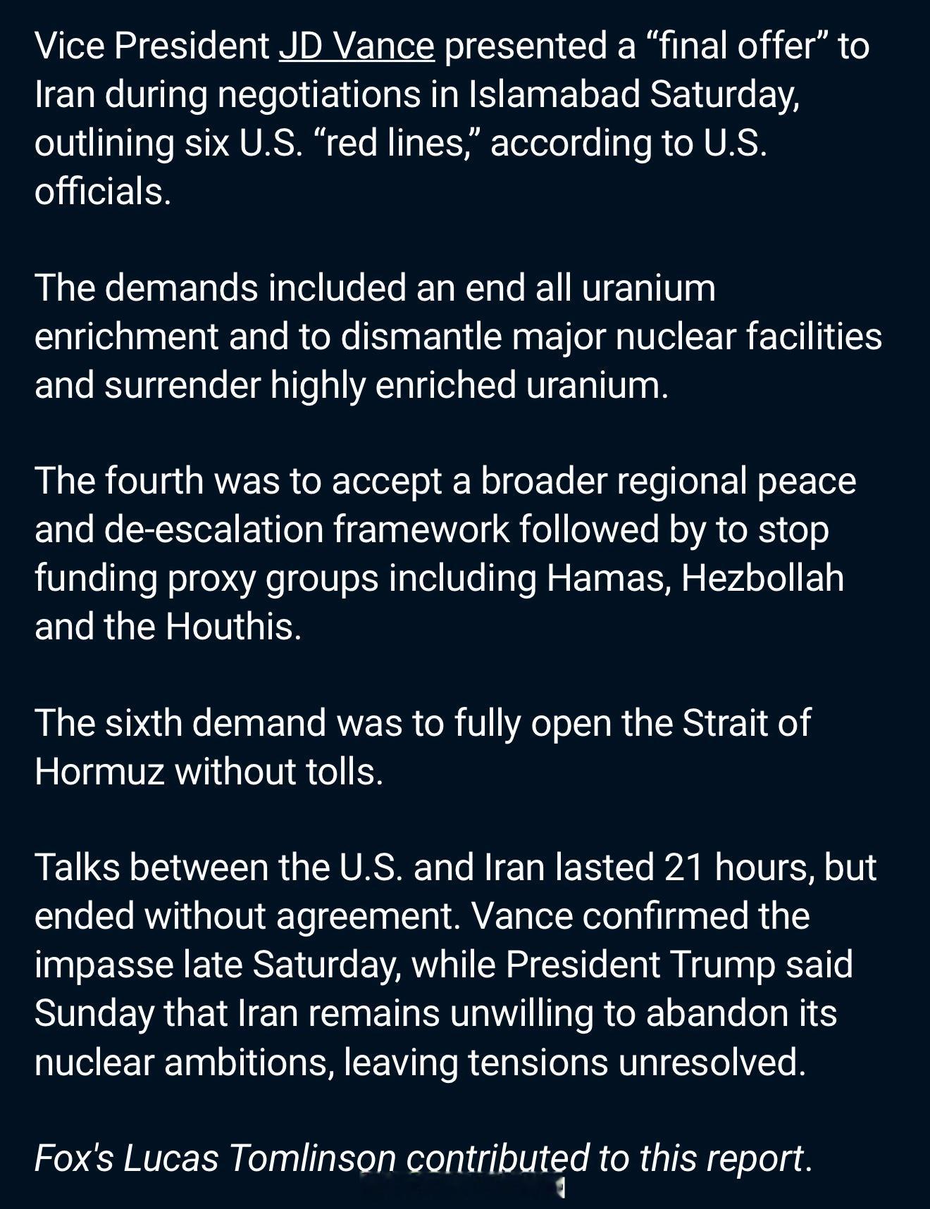 Fox News：美方提出六项“红线”要求：伊朗必须停止所有铀浓缩活动拆除主要核