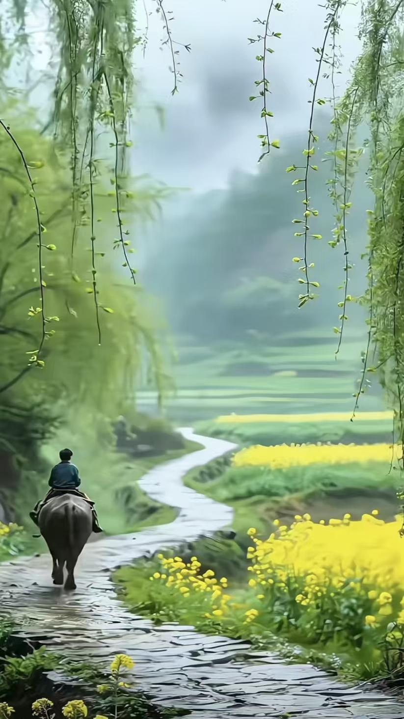 天净沙·江南春景
暖风轻拂枝新，
一宵苏浙皆青。
绿树黄花共映。
琴声传韵，
春