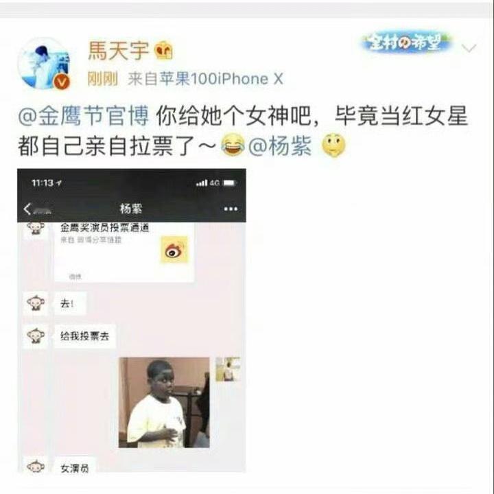 马天宇曾公开晒出杨紫求她投票的截图  啊，这是什么朋友啊？怎么这样啊？ 