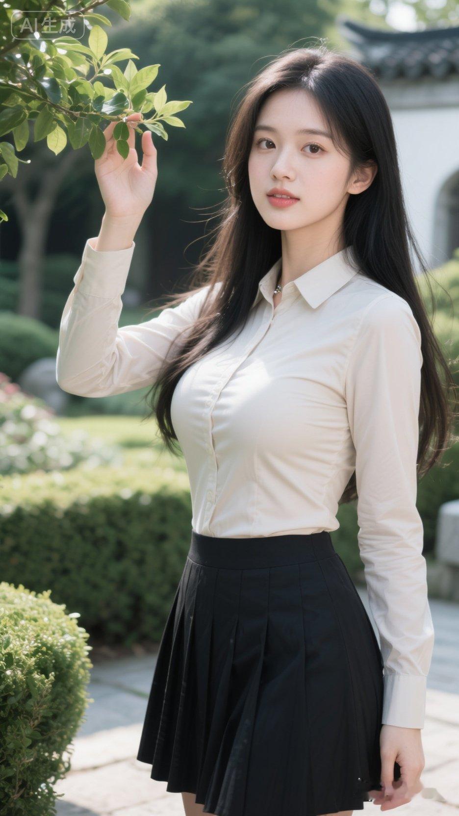 优雅校园风，白衬衫黑短裙，清新自然美