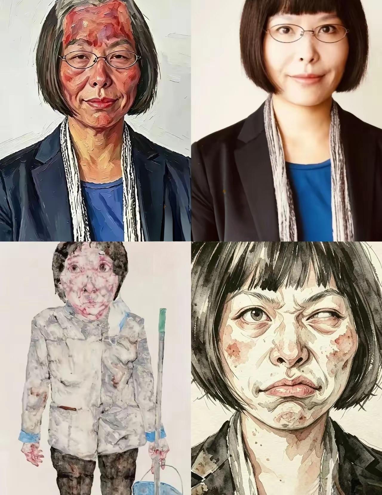 丁荭教授的画，我第一次看到时，只觉得她笔下的航天员和保洁员像被抽走了精气神，五官