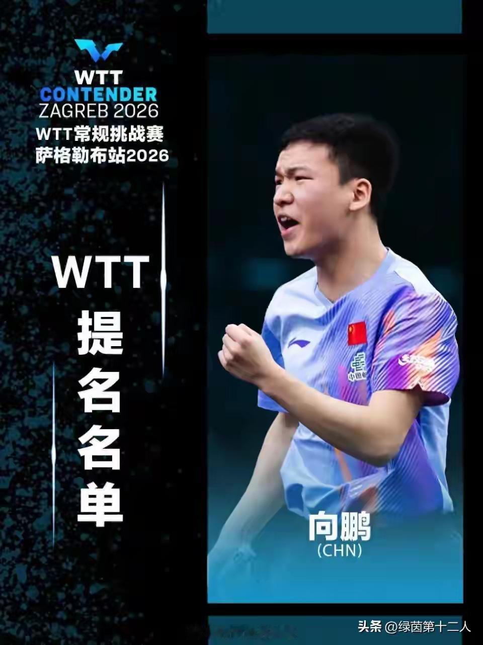 2026年WTT常规挑战赛萨格勒布站要来了，向鹏获得WTT提名，拿到男单正赛资格