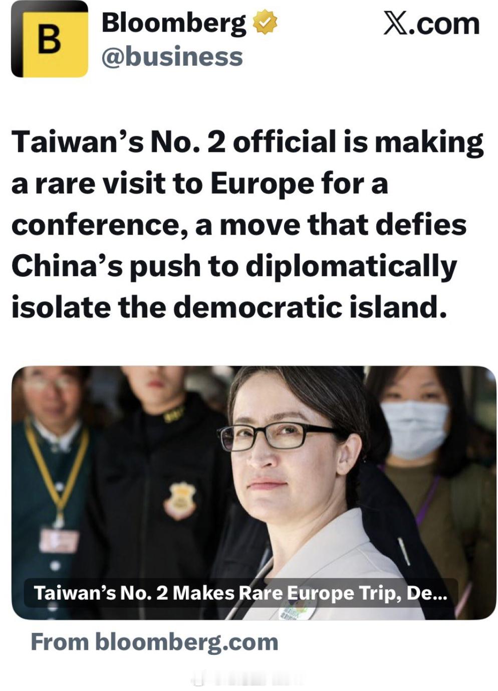 彭博报道萧美琴，为避免称呼官职，叫她 “台湾二号” 。 ​​​