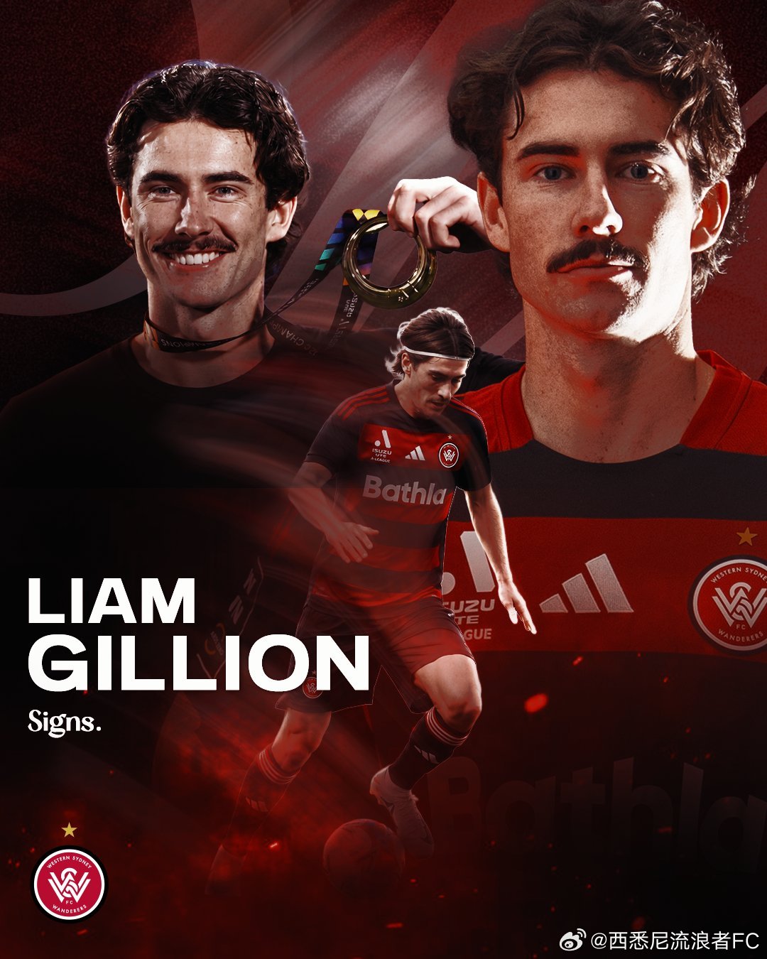 俱乐部今天官宣布：前奥克兰FC队的新西兰球员，现年23岁的边锋Liam Gill