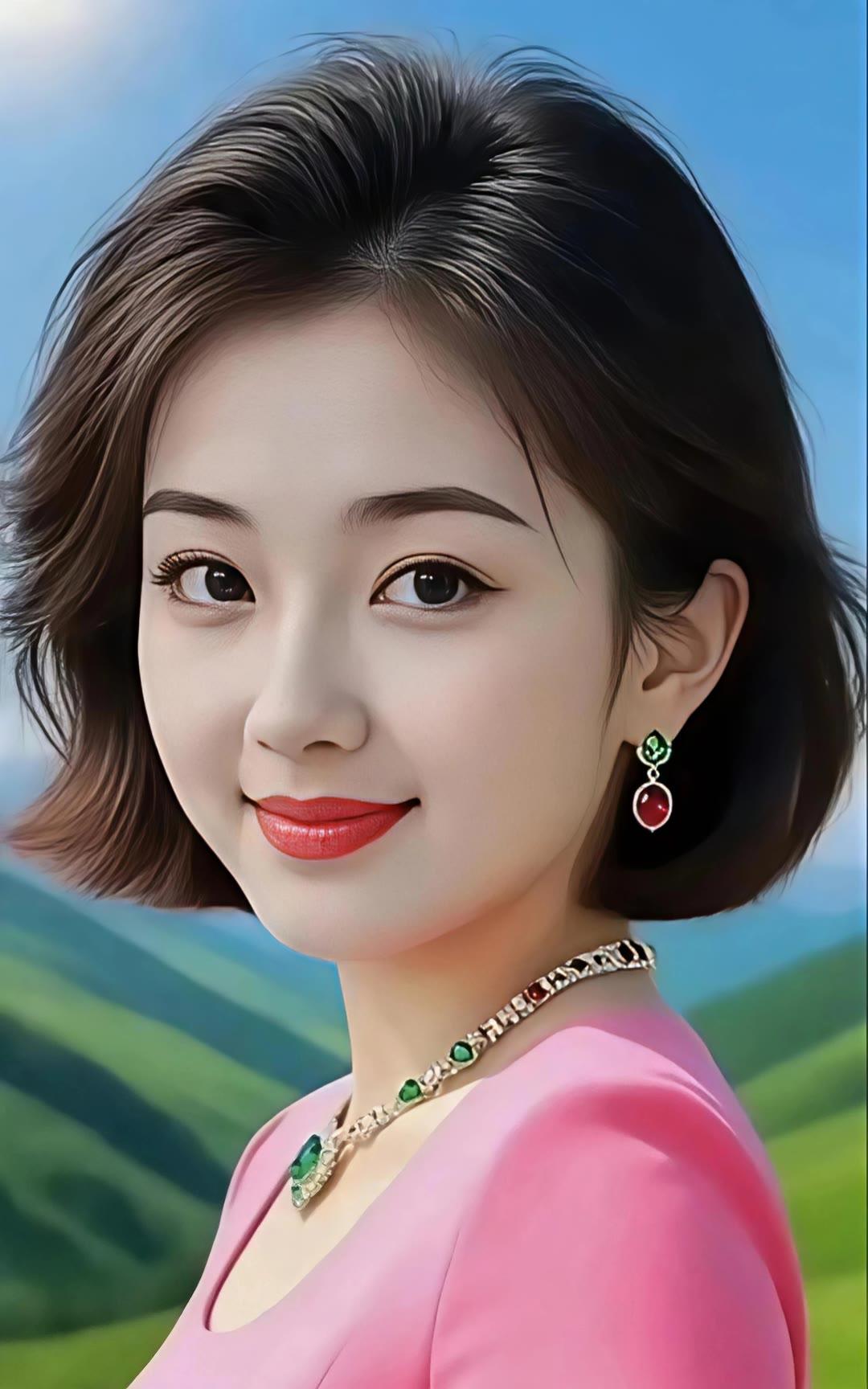 优雅气质，红唇绿钻，自然风光中的时尚女神。