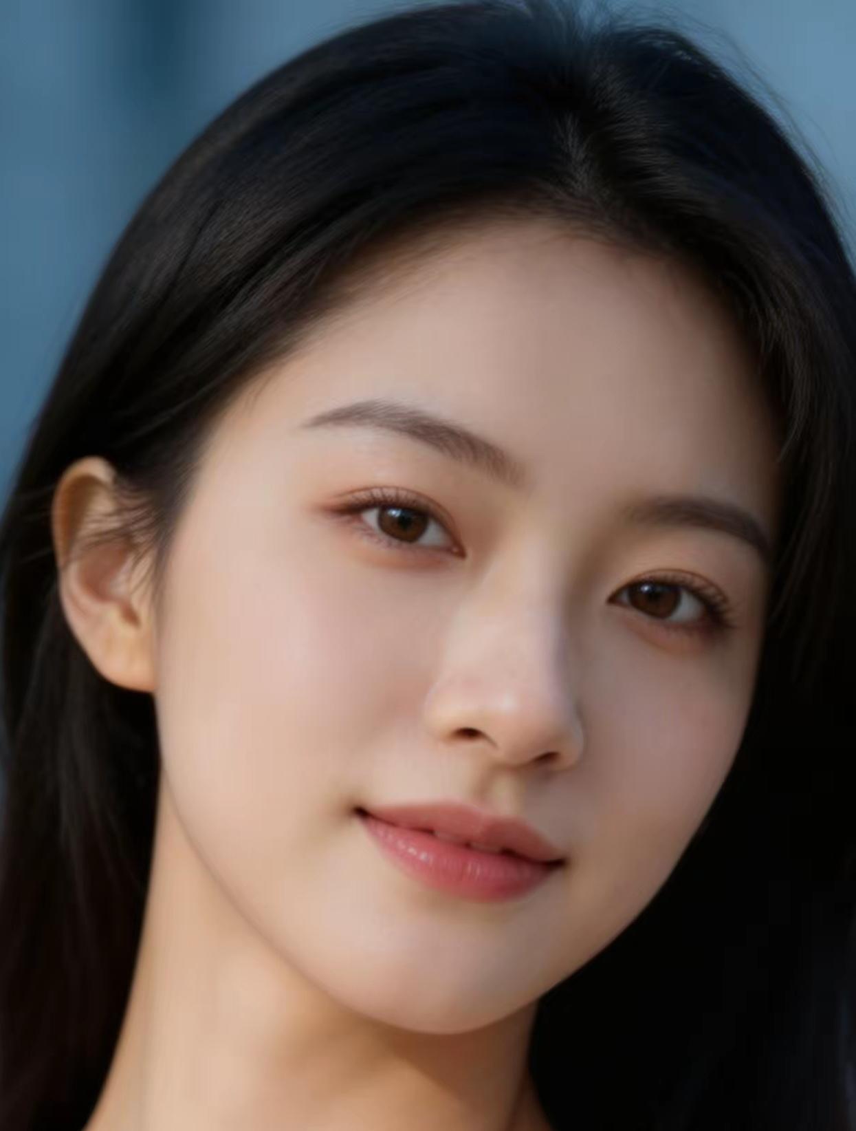 少女眼眸清澈明净，似浸过山间清泉，不染世俗尘埃。眉眼舒展灵动，楚楚动人。没有刻意
