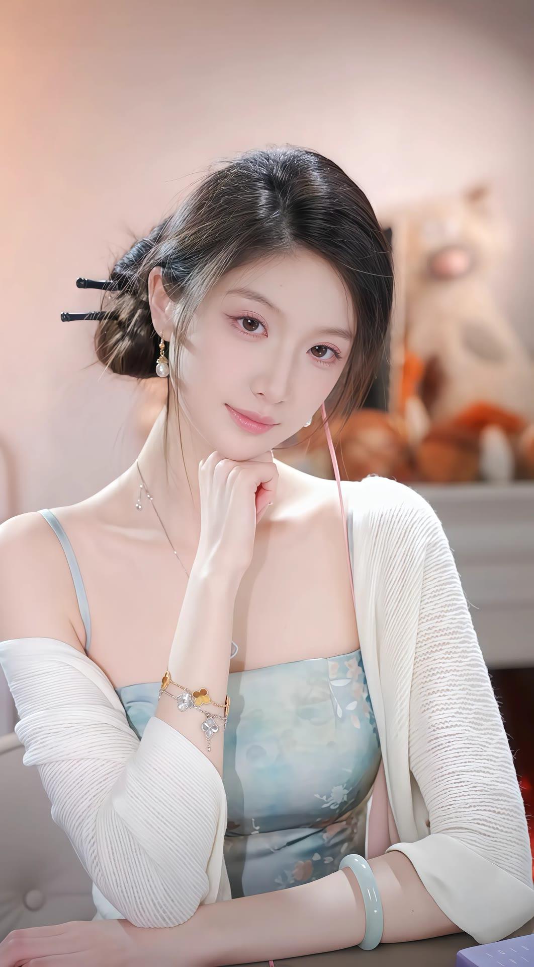 温柔甜美的少女，梦幻的蓝色连衣裙，精致的妆容，让人心动的微笑。